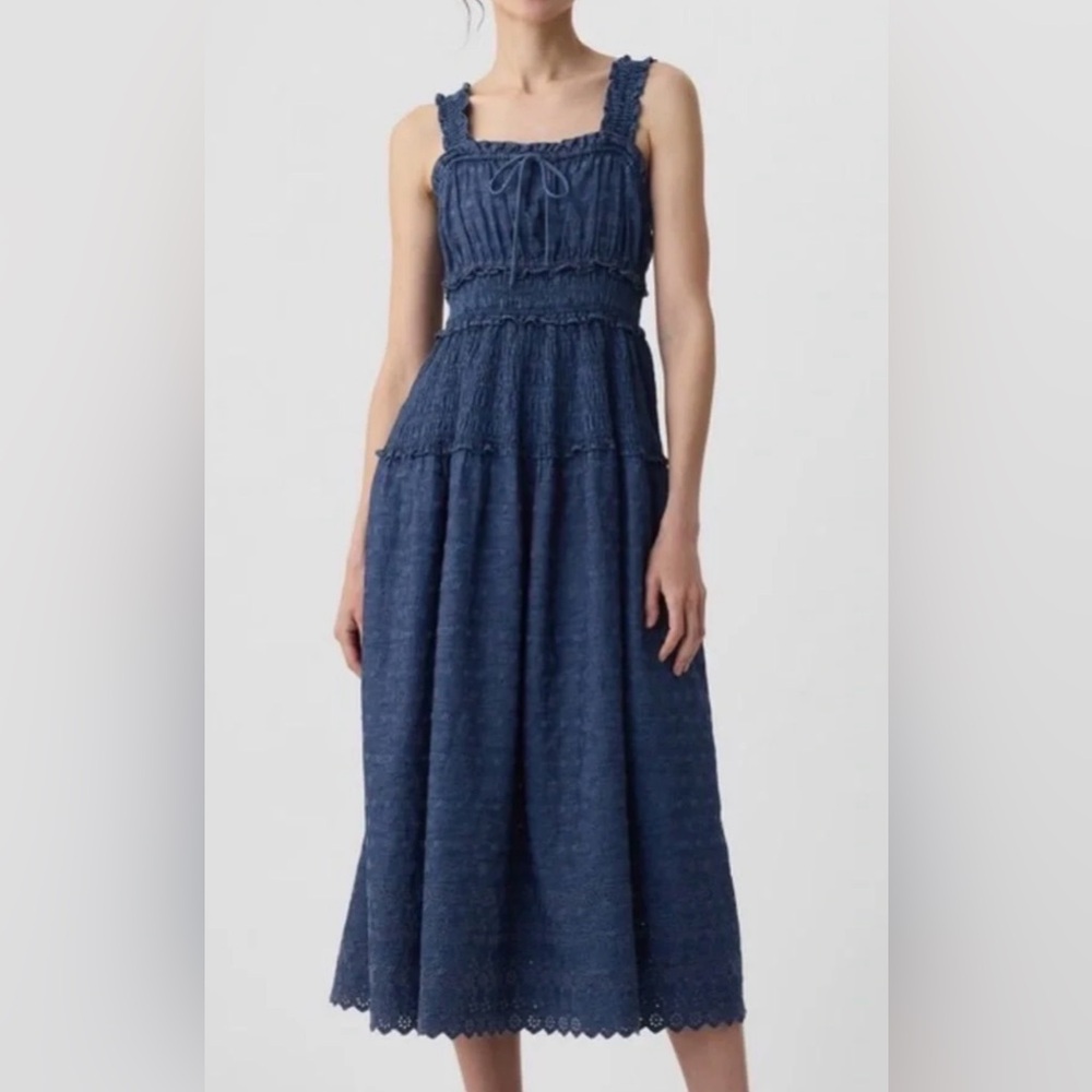 Gap x Doen Chambray Denim Eyelet Midi Dress Smocked Tiered Boho